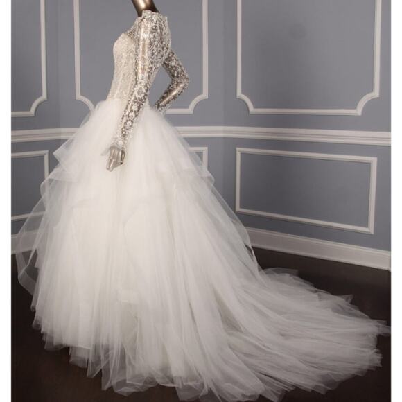 KENNETH POOL Carmen Ivory Long Sleeves Beaded Ballgown Wedding Dress - Picture 1 of 11